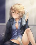  artist_name bangs black_legwear blonde_hair blue_jacket blue_shirt brave_witches breasts cleavage closed_mouth crotch_seam dress_shirt haruhata_mutsuki holding jacket light_smile long_sleeves looking_at_viewer medium_breasts no_pants open_clothes open_jacket panties pantyhose pantyhose_pull shirt short_hair signature sitting solo towel twitter_username underwear waltrud_krupinski white_panties world_witches_series 