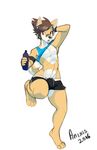  anixis anthro bandage brown_eyes brown_hair bulge canine clothing conditional_dnp dog girly hair light_fur looking_at_viewer male mammal penis_bulge shirt shorts simple_background solo surprise tank_top undressing water_bottle 