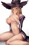  bare_shoulders blonde_hair breasts covering covering_breasts dorothy_(shingeki_no_bahamut) hat highres inaba_sunimi large_breasts long_hair navel open_clothes open_robe red_eyes robe shadowverse sitting solo wariza witch_hat 