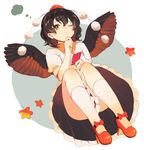  ;&lt; bad_id bad_twitter_id bird_wings black_hair black_skirt black_wings full_body hat highres kneehighs leaf notebook one_eye_closed pom_pom_(clothes) red_eyes red_footwear shameimaru_aya shirt shoes short_hair short_sleeves skirt solo surumeri_(baneiro) tokin_hat touhou white_legwear white_shirt wings 