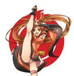  :d bare_shoulders blush boots breasts brown_eyes brown_hair china_dress chinese_clothes detached_sleeves dress guilty_gear guilty_gear_xrd hair_ornament high_kick kicking kuradoberi_jam large_breasts long_hair open_mouth panties shinzou skirt smile solo underwear very_long_hair 