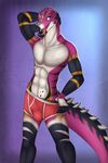  &lt;3 black_scales blue_eyes bulge clothed clothing crocodile crocodilian first_person_view inviting jonas kamaji_(nolovehusky) looking_at_viewer male open_mouth pink_scales pinup pose reptile scales scalie seductive solo tongue tongue_out topless twink underwear undressing white_scales 