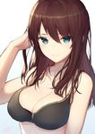  2017 artist_name bare_arms bare_shoulders bikini bikini_top black_bikini breasts brown_hair cleavage closed_mouth collarbone commentary_request dated gradient gradient_background hair_between_eyes hand_in_hair haruato highres large_breasts long_hair looking_at_viewer original pink_lips signature solo swimsuit upper_body 