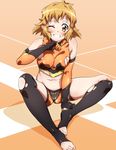  absurdres bare_shoulders bike_shorts blush breasts brown_eyes brown_hair cameltoe covered_nipples elbow_gloves gloves hairband highres impossible_clothes kneehighs looking_at_viewer medium_breasts midriff navel niko_(tama) one_eye_closed orange_(color) senki_zesshou_symphogear shiny shiny_clothes shiny_hair shiny_skin short_hair sitting skin_tight smile solo spread_legs sweat tachibana_hibiki_(symphogear) teeth toeless_legwear torn_clothes torn_legwear 