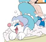  ambiguous_gender ambiguous_penetration bathtub black_hair blue_eyes blue_hair blush drooling duo eyelashes from_behind_position hair human interspecies male male/ambiguous mammal nintendo not_a_furfag open_mouth penetration pink_nose pok&eacute;mon primarina saliva sex smile tongue tongue_out video_games 
