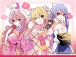  3girls alisa_reinford blonde_hair blue_eyes blush breasts brown_hair choker cleavage company_name detached_sleeves dress eiyuu_densetsu emma_millstein falcom floral_background flower gloves hair_ornament hair_ribbon hanetsuki happy_new_year heart jewelry large_breasts laura_s._arzeid long_hair multiple_girls neckerchief necklace new_year obentou official_art ponytail puffy_sleeves rean_schwartzer ribbon sagaraise sen_no_kiseki sen_no_kiseki_2 sleeveless sleeveless_dress yellow_eyes 