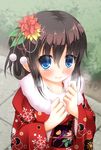  black_hair blue_eyes blush breath flower hair_flower hair_ornament hair_up highres japanese_clothes kanna_hisashi kimono long_sleeves looking_at_viewer original red_kimono smile solo wide_sleeves yukata 