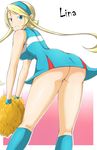  ass bare_shoulders bent_over blonde_hair blue_eyes breasts cheerleader dress hairband halterneck heroman kneehighs lina_davis looking_back medium_breasts no_panties pom_poms sanchuu short_dress solo thighs twintails 