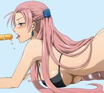  all_fours arm_support bikini blush breast_press breasts earrings food jewelry juliana_eberhardt kenji_t1710 large_breasts long_hair open_mouth pink_hair popsicle senjou_no_valkyria senjou_no_valkyria_2 sexually_suggestive simple_background solo sweat swimsuit tongue 