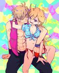  abs blonde_hair blue_eyes bracelet bracelets breasts cleavage dual_persona fingering genderswap jewelry long_hair navel no_pants open_clothes open_mouth open_shirt panties panty panty_&amp;_stocking_with_garterbelt panty_(character) panty_(psg) panty_and_stocking_with_garterbelt pixiv_thumbnail resized shirt short_hair sitting sitting_on_lap sitting_on_person smile sunglasses tied_shirt underwear wink zkakq 