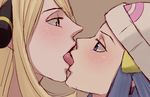  2girls beanie blonde_hair blue_eyes blue_hair blush close-up eye_contact face face-to-face french_kiss grey_eyes hair_ornament half-closed_eyes hat hikari_(pokemon) kiss lips long_hair looking_at_another mature mouth mouth_to_mouth multiple_girls nakaba open_mouth pokemon pokemon_(game) pokemon_dppt shirona_(pokemon) tongue tongue_out yuri 