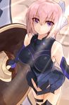  absurdres armor armored_dress bangs black_armor black_gloves black_leotard blush breasts closed_mouth cowboy_shot day elbow_gloves eyebrows_visible_through_hair fate/grand_order fate_(series) gloves greaves hair_between_eyes highres holding_shield large_breasts lavender_hair leotard light_rays light_smile looking_at_viewer mash_kyrielight outdoors purple_eyes shield short_hair shunichi smile solo thigh_strap 