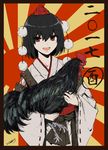  2017 :d animal bird black_border black_hair border chicken hair_between_eyes hat holding holding_animal japanese_clothes kourindou_tengu_costume looking_at_viewer open_mouth pom_pom_(clothes) red_eyes red_hat rising_sun rooster sash shameimaru_aya short_hair smile sunburst tebukuro_withana tokin_hat touhou upper_body wide_sleeves 