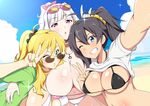  \m/ arm_around_waist ass_visible_through_thighs bikini black_hair blonde_hair blush breasts cleavage cloud commentary_request day eyewear_on_head fingernails ganaha_hibiki green_eyes grin hairband high_ponytail highres hood hoodie hoshii_miki huge_breasts idolmaster idolmaster_(classic) jabara_tornado large_breasts long_hair looking_at_viewer micro_bikini multiple_girls nail_polish navel one_eye_closed open_clothes open_hoodie open_mouth outdoors outstretched_arm ponytail project_fairy purple_eyes reaching_out sand self_shot shijou_takane shirt_lift silver_hair sky smile sunglasses swimsuit thigh_gap v water 