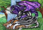  2010 ambiguous_gender blonde_hair detailed_background dragon eyes_closed feral grass hair horn long_hair lying membranous_wings natoli purple_eyes purple_hair rock sleeping standing traditional_media_(artwork) tree waterfall watermark wings 