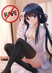  :t adagaki_aki bangs bed_sheet bedroom black_hair black_legwear blue_eyes blush breasts closed_mouth collarbone curtains dress_shirt eyebrows_visible_through_hair grey_ribbon hair_ribbon hand_on_own_head hand_up highres indoors kazenokaze long_hair long_legs low_twintails masamune-kun_no_revenge medium_breasts on_bed pout ribbon shirt sign sitting solo striped striped_ribbon tears thighhighs thighs twintails window_shade 