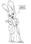  2016 anthro black_and_white bluedouble clothed clothing dialogue disney dress english_text female judy_hopps lagomorph looking_at_viewer mammal monochrome open_mouth open_smile rabbit simple_background smile solo talking_to_viewer text white_background zootopia 