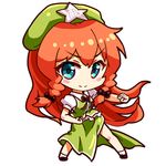  &gt;:) beret black_bow black_neckwear blue_eyes blush_stickers bow bowtie braid chibi full_body green_hat green_skirt green_vest hair_bow hair_ribbon hat hong_meiling long_hair looking_at_viewer lowres orange_hair puffy_short_sleeves puffy_sleeves renren_(ah_renren) ribbon short_sleeves side_slit skirt smile solo star touhou tress_ribbon twin_braids v-shaped_eyebrows vest 