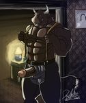  2016 5_fingers abs anthro belt biceps biped bovine brown_eyes brown_fur brown_nipples brown_penis brown_tail buck_(evane) cattle chaps clothed clothing condom condom_in_mouth detailed_background digital_media_(artwork) erection front_view fur genital_piercing glans hi_res horn horn_ring humanoid_hands humanoid_penis inside lamp looking_at_viewer lube male mammal muscular muscular_male nightstand nipple_piercing nipples pants pecs penis penis_piercing penis_through_fly piercing poking_out portrait prince_albert_piercing retracted_foreskin signature smile smirk snout solo standing suspenders tail_tuft tattoo thick_penis three-quarter_portrait tuft uncut vein veiny_penis white_horn wolfthings 