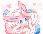  &lt;3 ambiguous_gender big_ears blue_eyes blush bow canine cute eeveelution feral fur invalid_tag looking_at_viewer mammal nintendo pink_fur pink_theme pok&eacute;mon ribbons simple_background smile solo sylveon video_games white_fur ねる 
