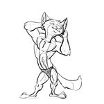 2016 anatomy anthro black_and_white bluedouble canine clothed clothing disney fox hands_behind_head male mammal monochrome muscular muscular_male nick_wilde pose simple_background sketch smile solo standing topless white_background zootopia 