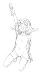  1girl calpara character_request copyright_request cup eyes_closed female kneeling monochrome navel open_mouth pussy small_breasts solo thighhighs tiptoes 
