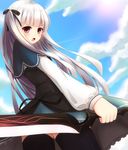  1girl absolute_duo black_legwear black_shoes blouse blue_skirt dual_wielding frilled_skirt frills hair_ribbon holding holding_weapon long_hair long_sleeves miniskirt onamae-kun open_mouth red_eyes ribbon shoes silver_hair skirt solo split sword weapon yurie_sigtuna 