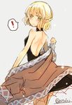  1girl :o atoki back backless_dress backless_outfit bare_back bare_shoulders black_dress blonde_hair blush dress from_behind green_eyes highres looking_at_viewer mizuhashi_parsee pointy_ears robe short_dress short_hair solo touhou undressing 