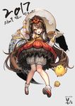  2017 :d animal bangs bird bloomers blush braid brown_eyes brown_hair chick crack cracked_shell dress eggshell flower full_body grey_background hair_flower hair_ornament head_tilt holding honnou_(kjs9504) knees_together_feet_apart long_hair long_sleeves looking_at_viewer low_twintails open_mouth original simple_background smile swept_bangs twintails twitter_username underwear very_long_hair wings 