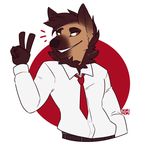  anthro canine clothed clothing fur hair male mammal necktie nepetacide simple_background smile solo teeth 