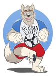  2016 3_toes 4_fingers anthro black_nose blue_background canine english_text eyewear fifa fur goggles grey_fur hikazedragon male mammal multicolored_fur simple_background smile soccer solo sport tagme text toes two_tone_fur white_background wolf zabivaka 