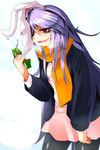  animal_ears arm_at_side bags_under_eyes black_legwear blazer breath bunny_ears clenched_hand cowboy_shot crushing drinking_straw empty_eyes hair_over_one_eye half-closed_eye highres jacket leaning_forward long_hair long_sleeves looking_away nama_shirasu open_mouth pantyhose purple_hair red_eyes reisen_udongein_inaba shirt skirt solo standing steam touhou very_long_hair 