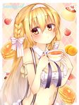  blonde_hair bow breasts chihiro_(khorosho) choker cleavage coffee crop_top cup eyebrows_visible_through_hair hair_bow hairband highres holding holding_cup long_hair looking_at_viewer medium_breasts midriff navel original solo striped striped_bow striped_hairband suspenders teacup upper_body yellow_eyes 