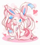  &lt;3 ambiguous_gender big_ears blue_eyes blush bow canine clothing cute eeveelution feral fur invalid_tag looking_at_viewer mammal nintendo one_eye_closed panties panties_in_mouth pink_fur pink_theme pok&eacute;mon ribbons simple_background sitting smile solo sylveon underwear video_games white_fur wink ねる 