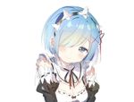  blue_eyes blue_hair blush detached_sleeves dress hair_ornament hair_over_one_eye hair_ribbon headdress highres looking_at_viewer maid re:zero_kara_hajimeru_isekai_seikatsu rem_(re:zero) ribbon short_hair smile solo umibouzu_(niito) x_hair_ornament 