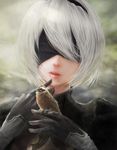  animal animal_on_hand bird bird_on_hand black_dress black_gloves black_hairband blindfold covered_eyes dress gloves hair_over_one_eye hairband hands_up highres juliet_sleeves lips long_sleeves meadow_bunting mole mole_under_mouth nier_(series) nier_automata nose parted_lips pink_lips puffy_sleeves short_hair silver_hair solo teeth turtleneck upper_body vambraces yamamoto_no_ari yorha_no._2_type_b 