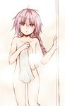  astolfo_(fate) blush covering fate/apocrypha fate_(series) highres long_hair looking_at_viewer male_focus nagatsuki_take nude nude_cover open_mouth otoko_no_ko pink_hair purple_eyes solo towel 