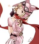  ;) ass bag bangs black_gloves blonde_hair blush breasts brown_eyes bustier cleavage closed_mouth commentary_request crop_top dated djeeta_(granblue_fantasy) from_side gloves goggles goggles_on_head granblue_fantasy hand_on_hip index_finger_raised jacket looking_at_viewer medium_breasts midriff nabeshima_tetsuhiro one_eye_closed pants pink_pants pointing pointing_up red_scarf satchel scarf short_hair simple_background smile solo star twitter_username white_background 
