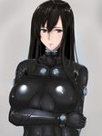  bangs black_hair blush bodysuit breast_hold breasts brown_eyes closed_mouth commentary_request expressionless gantz gantz_suit large_breasts long_hair looking_at_viewer shimohira_reika skin_tight solo takara_joney upper_body 