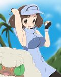  ace_trainer_(pokemon) armpits arms_up bea_(adfhbcf4326) blush breasts brown_hair collared_shirt covered_navel day fingerless_gloves gen_5_pokemon gloves highres large_breasts no_bra npc_trainer open_mouth outdoors palm_tree poke_ball pokemon pokemon_(creature) pokemon_(game) pokemon_sm shirt short_hair sideboob sleeveless sleeveless_shirt solo tree ultra_ball visor_cap whimsicott 