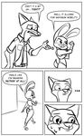  2016 anthro black_and_white bluedouble bulletproof_vest canine clothed clothing comic dialogue disney english_text female fox judy_hopps lagomorph male mammal monochrome nick_wilde police_uniform rabbit sweat text uniform zootopia 