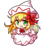  :d blonde_hair blush_stickers bow bowtie capelet chibi dress eyebrows_visible_through_hair fairy fairy_wings full_body green_eyes hair_bow hat lily_white long_hair looking_at_viewer lowres open_mouth red_bow red_neckwear renren_(ah_renren) simple_background smile solo touhou white_background white_dress white_hat wide_sleeves wings 