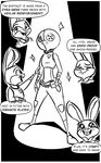  2016 anthro black_and_white bluedouble buckteeth bulletproof_vest button_(disambiguation) clothed clothing comic dialogue disney english_text female judy_hopps lagomorph mammal mannequin monochrome open_mouth open_smile police_uniform rabbit smile solo sparkle spotlight teeth text uniform zootopia 
