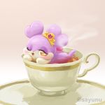  &lt;3 anthro bathing butt cocotama crown female fur hair himitsu_no_cocotama kirarise_(cocotama) lips looking_at_viewer nude one_eye_closed purple_fur purple_hair sayunu simple_background solo tea_cup tiara yellow_eyes 