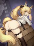  1girl absurdres animal_ear_fluff animal_ears arknights ass bdsm black_bow black_legwear blemishine_(arknights) blonde_hair blush bow breasts closed_mouth dutch_angle feet_out_of_frame frilled_panties frilled_shirt frills hair_bow highres horse_ears long_hair looking_at_viewer looking_back lying medium_breasts on_stomach panties panty_pull purple_background shirt sidelocks skindentation solo thigh_strap thighhighs underwear vaulting_horse very_long_hair white_shirt yellow_eyes zzbbc 