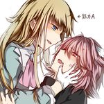  1other after_kiss androgynous anger_vein astolfo_(fate) bad_id bad_pixiv_id blonde_hair blue_eyes blush chevalier_d'eon_(fate/grand_order) fate/apocrypha fate/grand_order fate_(series) long_hair nagatsuki_take open_mouth otoko_no_ko pink_hair purple_eyes saliva smile 