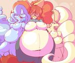  2016 alolan_ninetales anthro belly big_belly big_breasts blue_eyes breasts canine clothed clothing delphox duo female fox fur garuda_six hair huge_breasts mammal multi_tail navel ninetales nintendo nipples nude open_mouth overweight pok&eacute;mon regional_variant simple_background smile stuffing text video_games wide_hips 