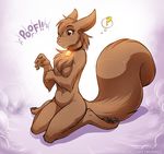  ? anthro breasts brown_fur chest_tuft claws collar covering covering_self digitigrade featureless_breasts female fluffy fluffy_tail fur hi_res kneeling mammal mrs_nibbly_(twokinds) nude rodent simple_background solo sound_effects squirrel surprise text toe_claws tom_fischbach transformation tuft twokinds webcomic white_background 