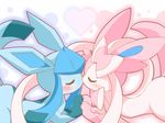  &lt;3 ambiguous_gender big_ears blue_fur blue_paws blush bow cute duo eeveelution eyes_closed feral fur glaceon kissing nintendo paws pink_fur pink_paws pok&eacute;mon ribbons romantic simple_background sylveon video_games white_fur ねる 