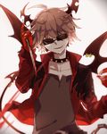  ahoge arm_up bangs bat_wings blood bloody_weapon brown_hair brown_shirt brown_wings chain collar collarbone dagger demon_boy demon_tail emalf eyebrows_visible_through_hair fingernails glasses gradient gradient_background haiiro_teien head_wings holding holding_weapon horns jacket jewelry knife long_sleeves looking_at_viewer male_focus multicolored multicolored_background n.u.owen ring sharp_fingernails shirt smile smirk solo spiked_collar spikes sunglasses tail two-tone_background upper_body weapon wing_piercing wings yellow_eyes 